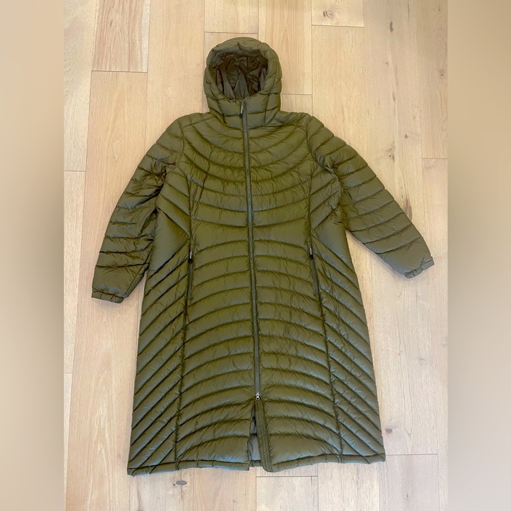 LL Bean Ultralight 850 Down Hooded Coat Long, Olive, 2XL, Plus size
